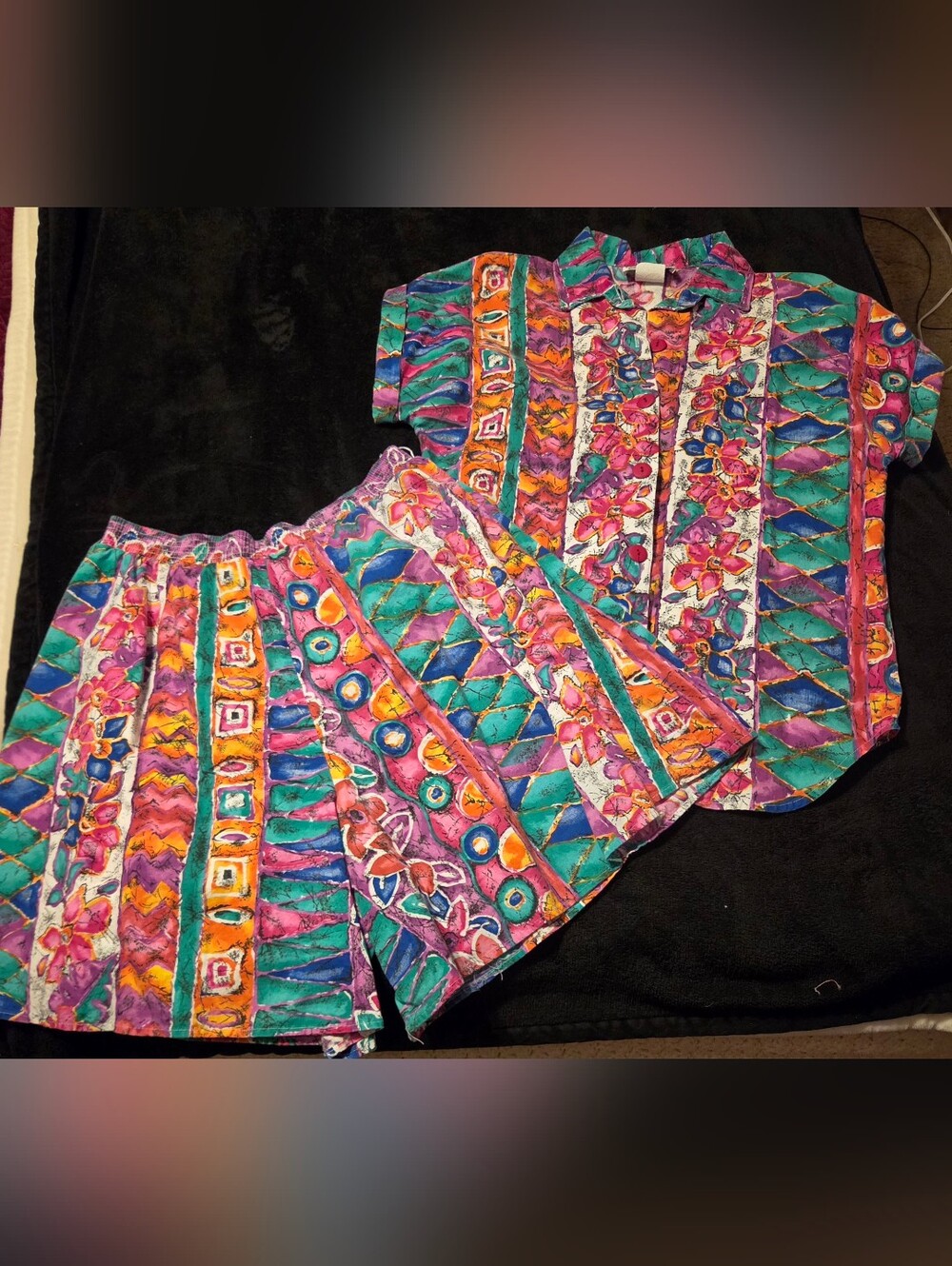 EUC True Vtg 80s Vibrant Multicolor Women's Short Culotte Set 100% Cotton